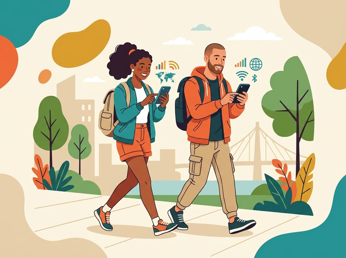 Travelers using smartphones abroad with RoamNG eSIM